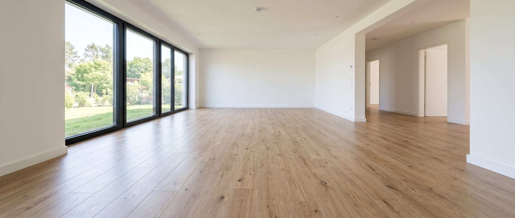 Frisch verlegter Designboden in Holzoptik in einem hellen Raum